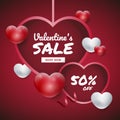 ValentineÃ¢â¬â¢s day background hanging hearts with text. red and white 3d hearts. promotion banner. Vector design template for